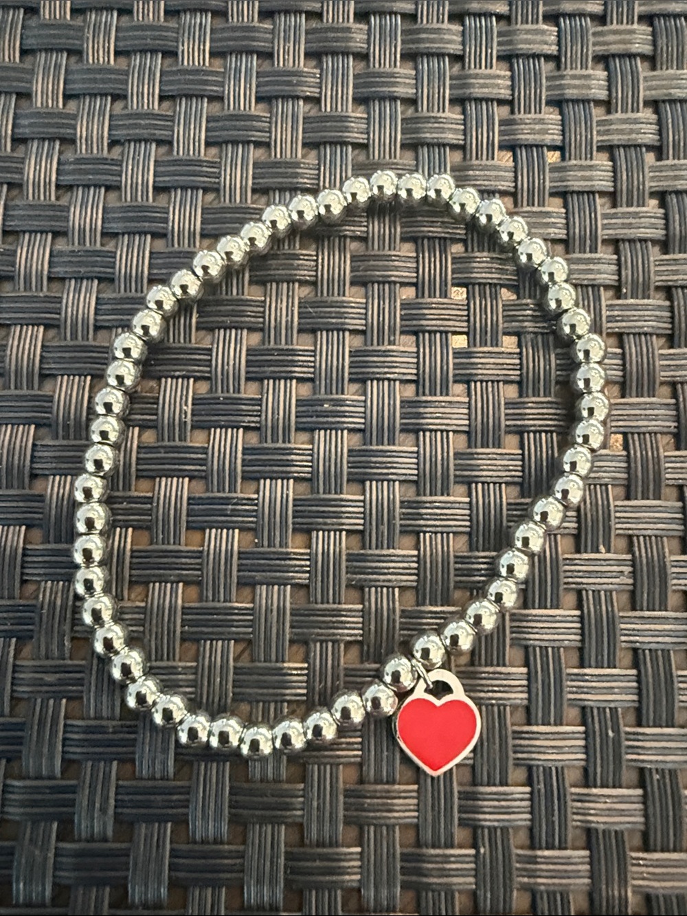 Silver Beaded Bracelet with Red Heart Charm - Women Jewelry